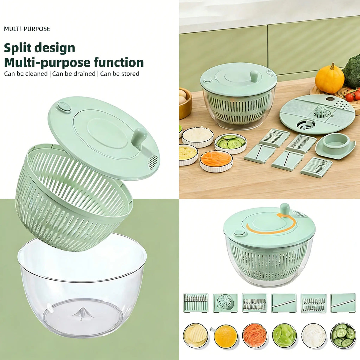 5.3 Qt Salad Spinner – 3-in-1 Vegetable Washer, 5-Blade Slicer, Strainer & Kitchen Prep Bowl