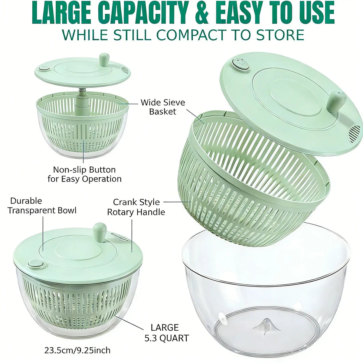 5.3 Qt Salad Spinner – 3-in-1 Vegetable Washer, 5-Blade Slicer, Strainer & Kitchen Prep Bowl