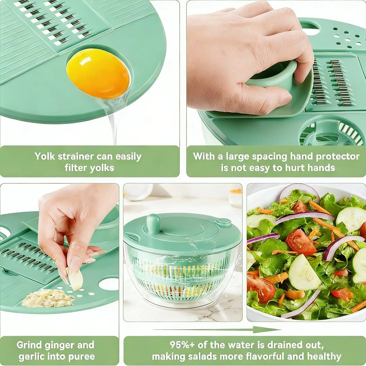 5.3 Qt Salad Spinner – 3-in-1 Vegetable Washer, 5-Blade Slicer, Strainer & Kitchen Prep Bowl